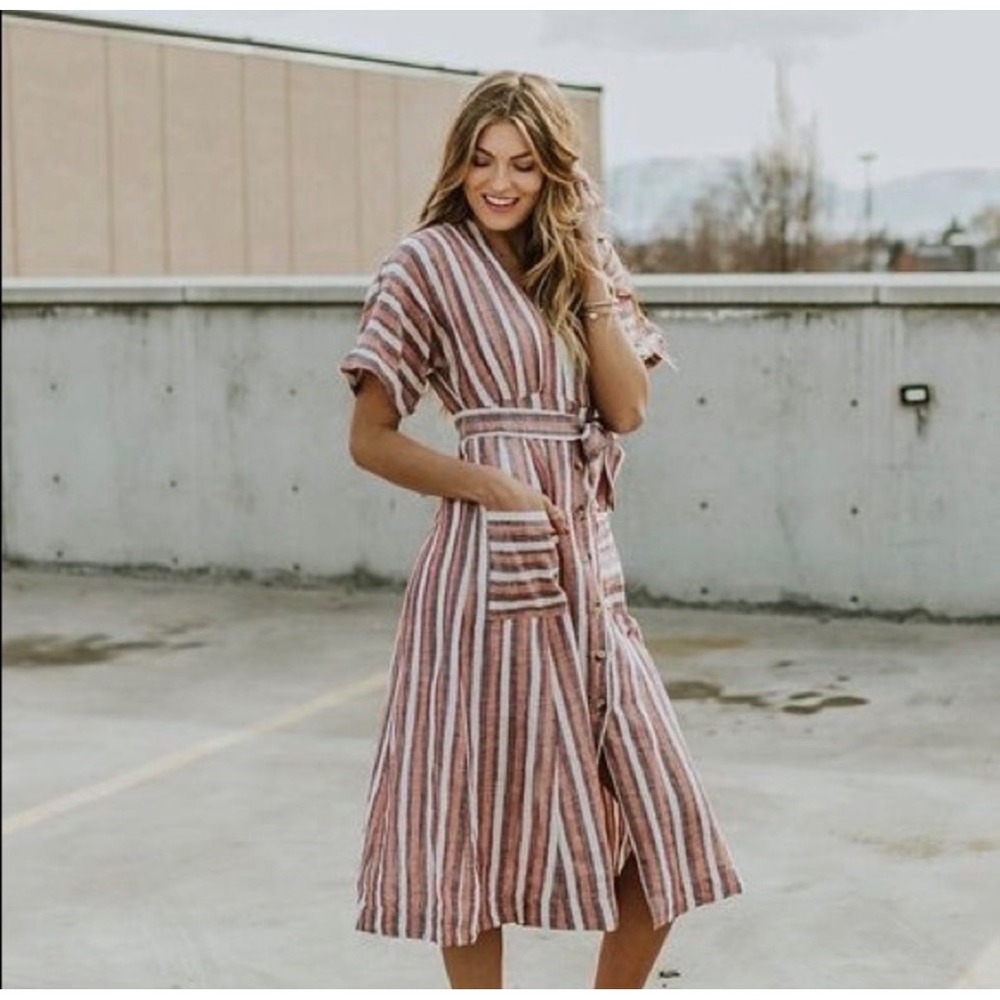 Free People Monday Stripe Linen Blend Midi Dress OB8000743 Red White Blue Med